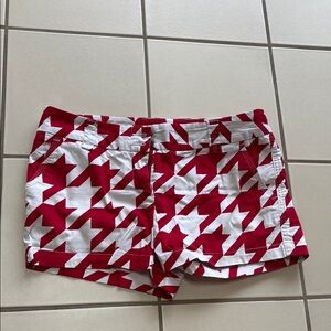 Loudmouth Red and White Jean Shorts with Bold Houndstooth Pattern